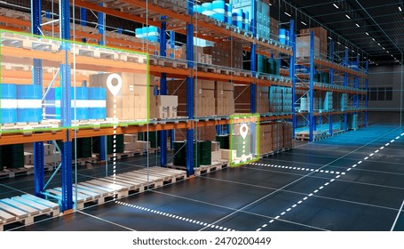 Futuristic warehouse. Innovation storage. Multi-tiered warehouse racks with goods. Storage is divided into virtual sectors. Futuristic warehouse without people. Logistics center in hangar. 3d image - Powered by Shutterstock