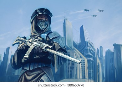 Futuristic Warrior With Weapons