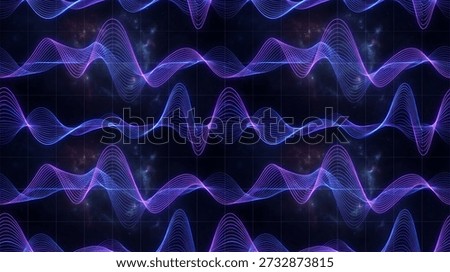 Futuristic wave interference visualization. Neon purple and blue glowing lines. Scientific data grid background.