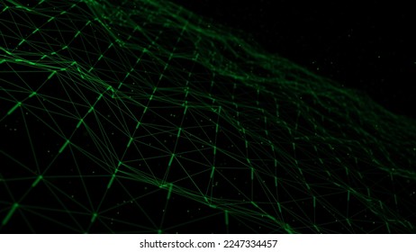 Futuristic wave with lines and dots. Abstract background with a dynamic wave. Particle placement with hanging dots in space. Large data background. 3d rendering.