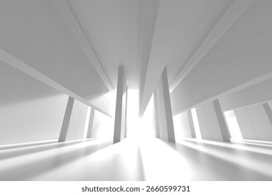Futuristic white architecture with sunlight casting shadows. 3d render.