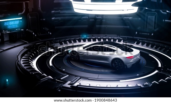 Futuristic white car in hi tech environment\
(3D\
Illustration)