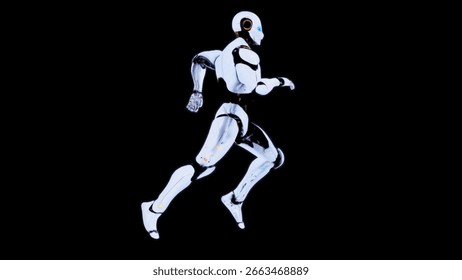 Futuristic White Humanoid Robot in Motion Against a Black Background
