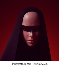 Futuristic Woman Female Black Strip Face Paint Alien Beauty Sci Fi Fashion CG Character in a Hood Hijab Avatar 3d illustration render