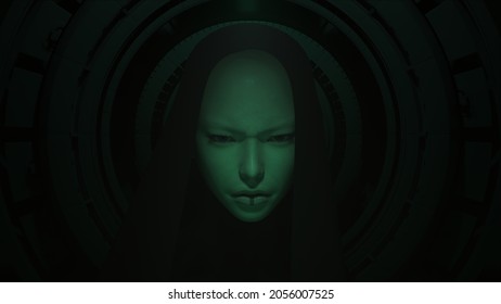 Futuristic Woman Female Green Screen Glow Sci Fi Witch Halloween CG Character In A Hood 3d Illustration Render