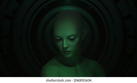 Futuristic Woman Female Humanoid Cyborg Android Green Screen Glow Sci Fi Halloween CG Character 3d Illustration Render