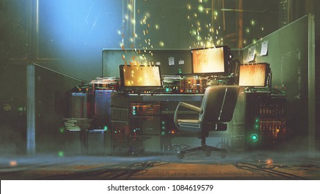 futuristic workspace with sparkling particles floating out of glowing screen, digital art style, illustration painting 