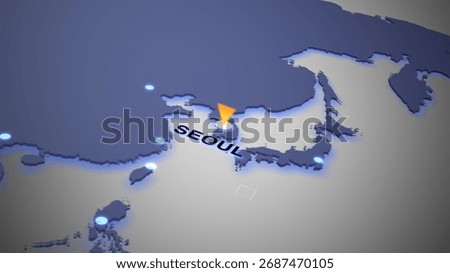 Futuristic world map with glowing connection lines radiating from Seoul, South Korea, representing global business, logistics, communication, and digital data transfer