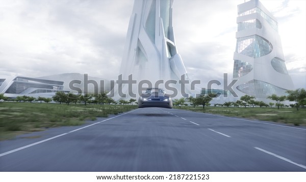 Futuristicflying car very fast\
driving on highway. Futuristic city concept. 3d rendering. 3D\
Illustration