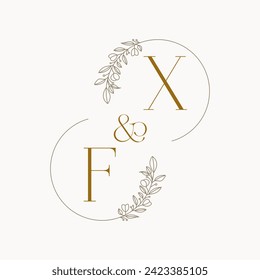 FX Logo initials wedding monogram logo design in simple brown circle leaf frame