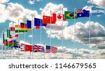 G20 flag summit Silk waving flags countries of members Group of Twenty political 2018 world leaders unity  meeting G 20 organization with flagpole on background  blue sky with clouds 3D illustration