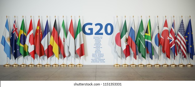 G20 summit or meeting concept. Row from flags of members of G20 Group of Twenty and list of countries, 3d illustration
