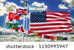 G20 USA United Sates flag Silk waving flags countries of members Group of Twenty summit 2018 in Buenos Aires meeting G 20 organization with flagpole on background blue sky with clouds 3D illustration