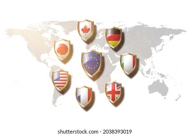 G7 Countries Flag In Golden Shield On World Map Background.european Union