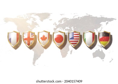 G7 Countries Flag In Golden Shield On World Map Background.