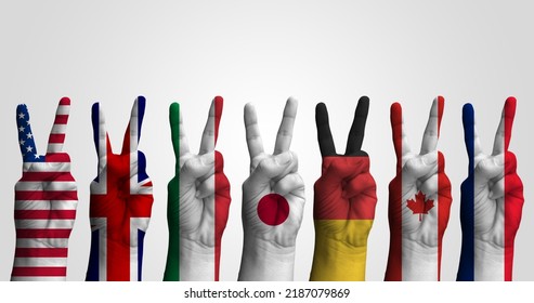 G7 Flag Pattern 3d Victory Hand Isolated On Grey Gradient Background