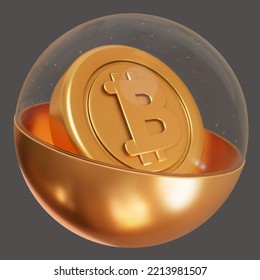 Gacha Ball With Bitcoins Inside. 3D Rendering