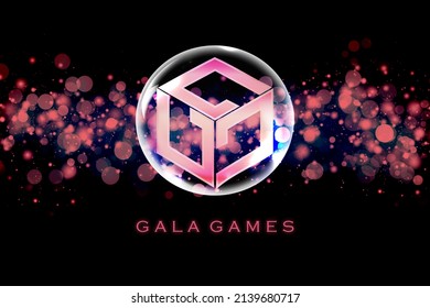 Gala Games, GALA cryptocurrency symbol and text on abstract background.Gala in bubble