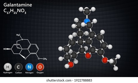 Galantamine (Razadyne, Reminyl), Is Used For The Treatment Of Cognitive Decline In Mild To Moderate Alzheimer's Disease. C17H21NO3. Chemical Structure Model: Ball And Stick. 3D Illustration.