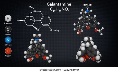 Galantamine (Razadyne, Reminyl), Is Used For The Treatment Of Cognitive Decline In Mild To Moderate Alzheimer's Disease. Chemical Structure Model: Ball And Stick+Balls+Space-Filling. 3D Illustration