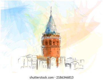 Galata Tower Istanbul Turkey Drawing Color