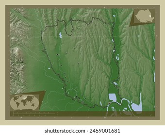 Galati, county of Romania. Elevation map colored in wiki style with lakes and rivers. Locations of major cities of the region. Corner auxiliary location maps