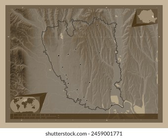 Galati, county of Romania. Elevation map colored in sepia tones with lakes and rivers. Locations of major cities of the region. Corner auxiliary location maps