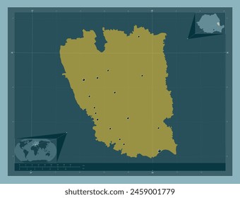 Galati, county of Romania. Solid color shape. Locations of major cities of the region. Corner auxiliary location maps