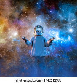 Galaxy Of Dreams / 3D Illustration Of Teen Age Boy Fantasising About Space Travel Wearing Astronaut Helmet