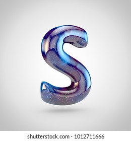 Galaxy Letter S Uppercase. 3D Render Of Galaxy Font With Glittering Stars And Cosmic Nebula Isolated On White Background.