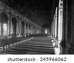 Galerie des Glaces (Hall of Mirrors) showing the arrangement of tables for the signing of Peace Terms ending WWI. Versailles, France. June 27, 1919.