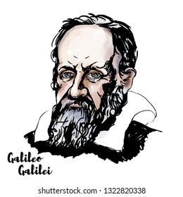 Retrato acuarela Galileo Galilei con contornos de tinta. Las polimatemáticas italianas.
