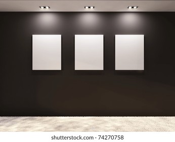 Gallery. Empty Frames On A Black Wall In Interior