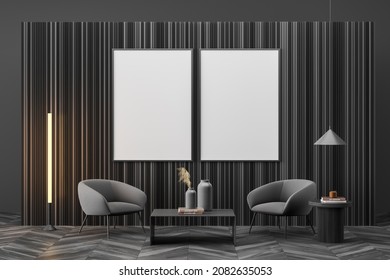 Gallery Room Interior With Seats And Lamp, Coffee Table With Decoration. Art Room With Stylish Furniture, Black Parquet Floor. Two Blank Canvas Frame On Wooden Wall, 3D Rendering