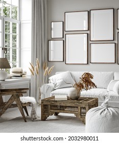 Gallery Wall Mockup In Home Interior Background, Living Room In Scandi Boho Style, 3d Render