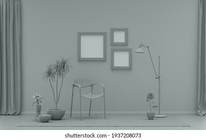 Gallery Wall With Three Picture Frames, In Monochrome Flat Single Ash Gray Color Room With Furnitures And Plants, 3d Rendering, Picture Frame Mock-up