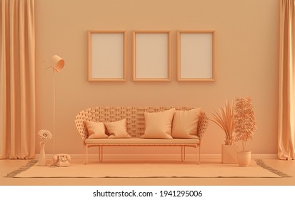 Gallery wall with three picture frames, in monochrome flat single orange pinkish color room with furnitures and plants, 3d Rendering, picture frame mock-up