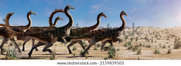 Gallimimus, fast running theropod dinosaurs that lived\
during the Late Cretaceous period (3d paleoart rendering banner)\
