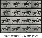 A galloping horse and rider. Collotype after Eadweard Muybridge, 1887. Vintage black and white art drawing illustration, old painting art print on paper. Images of human riding horse.