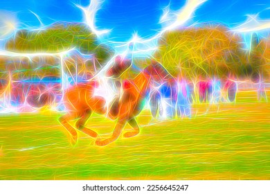 A galloping horse rider holding spear in hand leaning after successful attempt tent pegging  depicted in neon color illustration  The overall image is one speed  power    energy