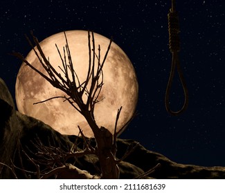 Gallow On A Spooky Night With A Creepy Tree Over The Golden Full Moon - 3d Rendering