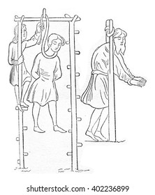 Gallows And Pillory Saxon, Vintage Engraved Illustration. Colorful History Of England, 1837.
