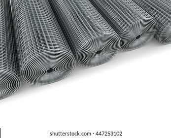 Galvanized welded wire mesh twisted into a roll on a white background. 3D illustration