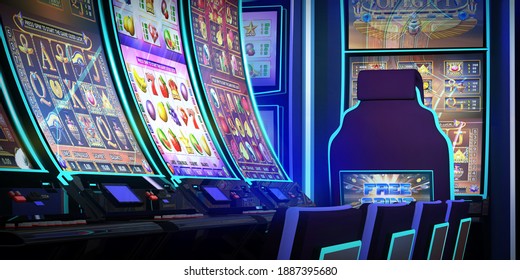 Gambling Banner Featuring Video Slot Machines With Curved Display And Neon Lights At The Casino. 3D Rendered Illustration  