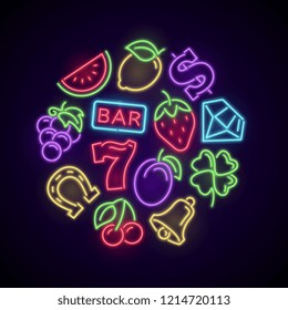 Gambling Casino Games Neon Logo With Slot Machine Bright Icons