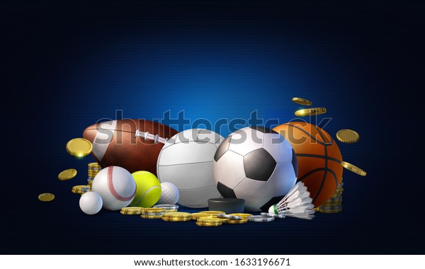 Gambling concept image for live betting on\
major sports. 3D Rendered illustration with sports equipment on a\
dark blue background with copy\
space