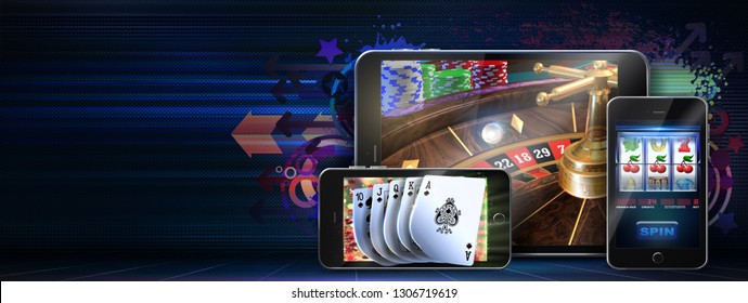 
Gambling concept image suggesting the idea of playing slots, poker and roulette games at online casinos using mobile devices. 3D Rendered illustration on a dark background with copy space - Powered by Shutterstock