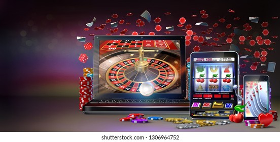 Gambling Concept Image Suggesting The Idea Of Playing Slots, Poker And Roulette Games At Online Casinos Using Mobile Devices Or Laptops. 3D Rendered Illustration On A Dark Background With Copy Space