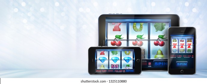 
Gambling concept image suggesting the idea of playing online versions of video slots games at online casinos using mobile devices. 3D Rendered illustration on light background with copy space
