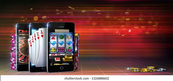 Gambling Concept Image Suggesting The Idea Of Playing Slots, Poker And Roulette Games At Online Casinos Using Mobile Devices. 3D Rendered Illustration On A Dark Red Background With Copy Space